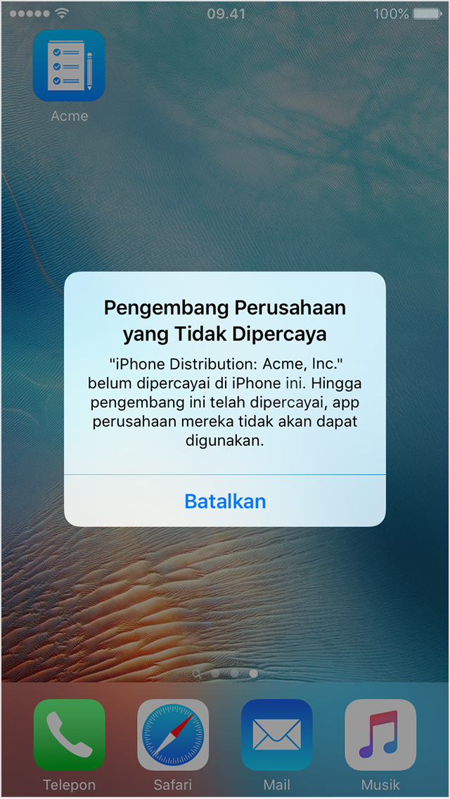  Pesan Pengembang Perusahaan yang Tidak Tepercaya di layar iPhone