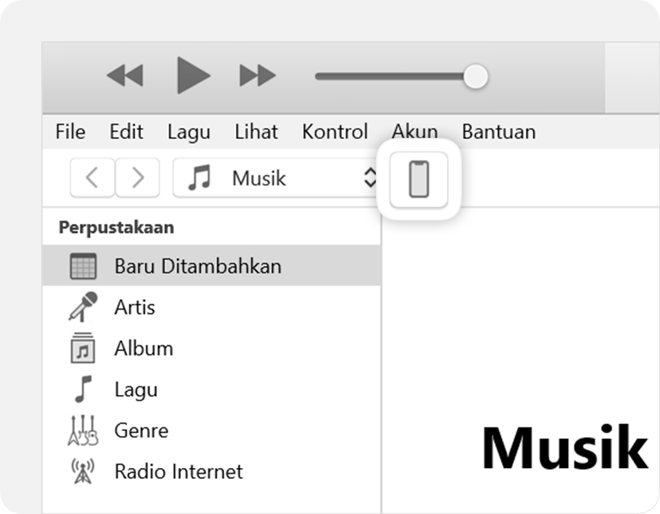 Jendela iTunes yang menampilkan ikon perangkat yang tersambung di sudut kanan atas