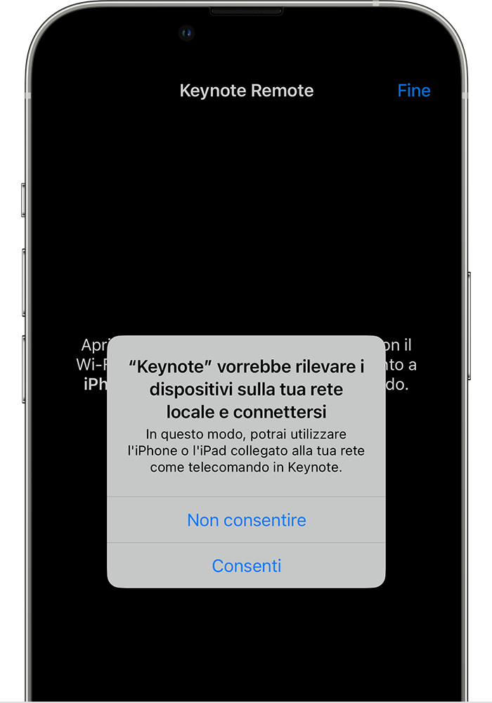 Un'app chiede il permesso di trovare i dispositivi nella rete locale e di connettersi ad essi.