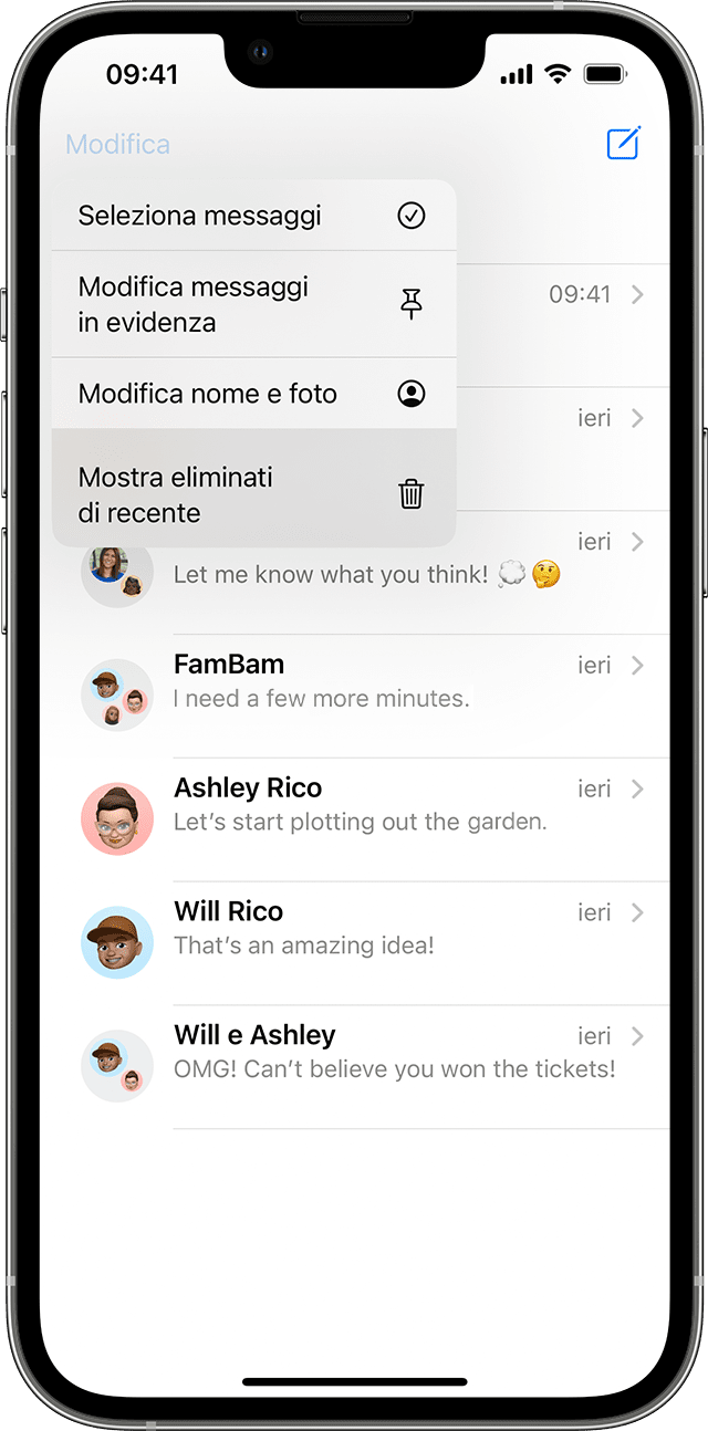Nella schermata delle conversazioni in Messaggi, tocca Modifica per individuare l'opzione per mostrare i messaggi eliminati di recente.