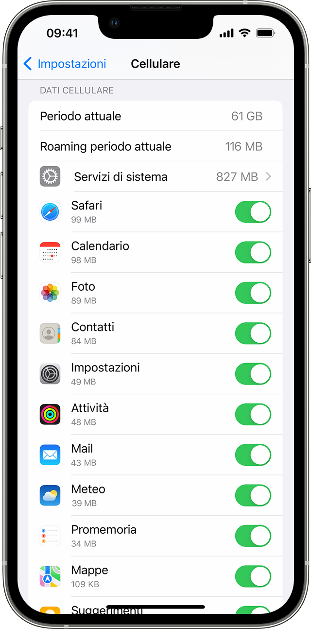 Una schermata di iPhone che mostra l'utilizzo dei dati cellulare