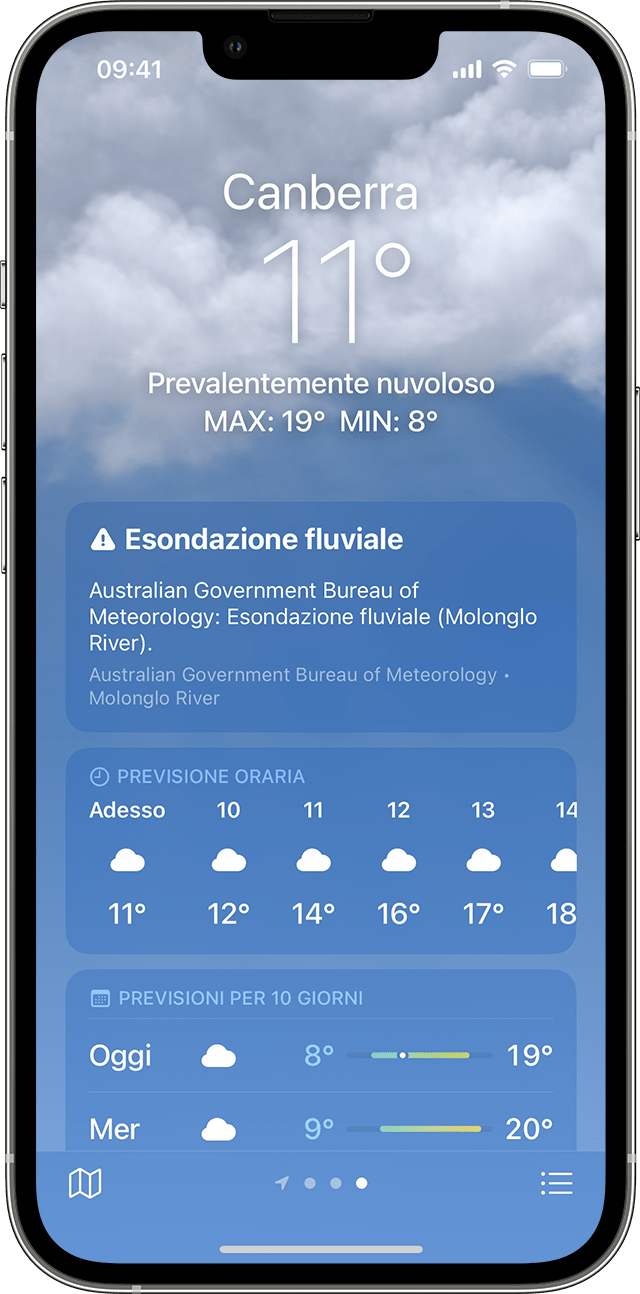 iPhone che mostra informazioni sulle allerte meteo nell'app Meteo.