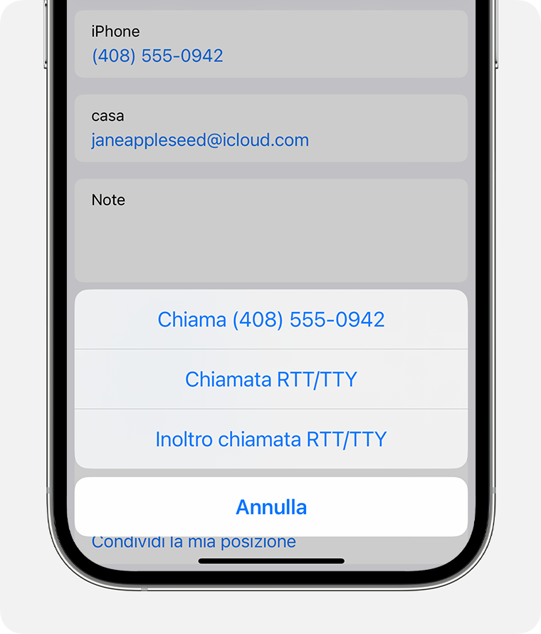 Schermata di iPhone che mostra il menu per selezionare Chiamata RTT/TTY o Inoltro chiamata RTT/TTY