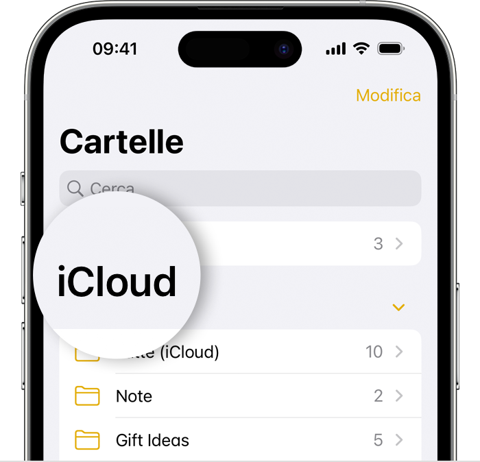 iPhone che mostra la schermata Cartelle nell’app Note con la cartella iCloud evidenziata