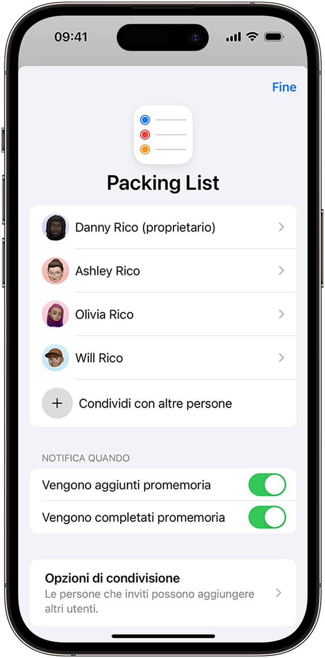 Su iPhone puoi condividere un elenco di promemoria con i tuoi contatti, ma modificare le notifiche automatiche tramite le opzioni Gestisci elenco condiviso.