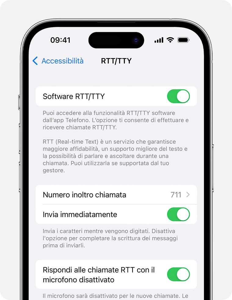 Schermata di iPhone con l'opzione RTT/TTY attivata