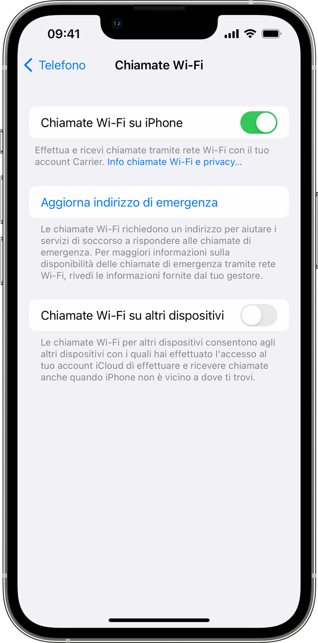 Un iPhone che mostra la schermata Chiamate Wi-Fi, con l'opzione Chiamate Wi-Fi su iPhone attivata.