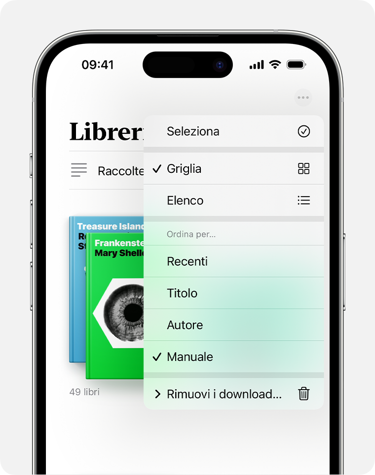 Schermata dell'iPhone che mostra le opzioni per organizzare l'app Libri 
