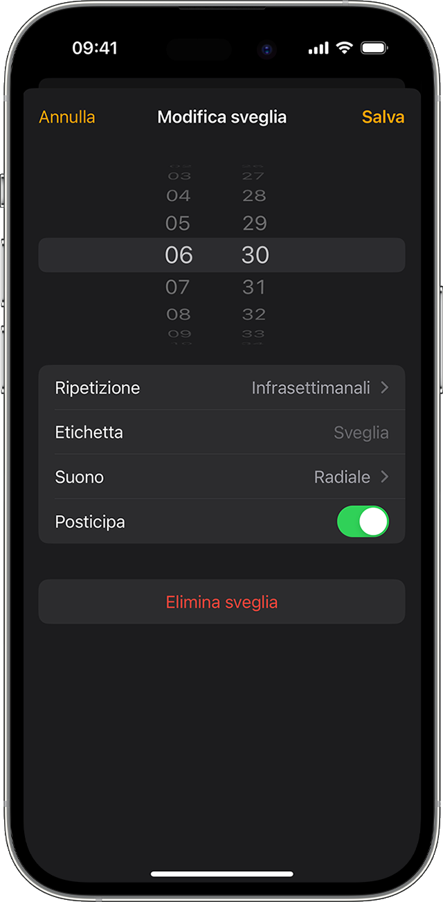Modifica una sveglia su iPhone nell'app Orologio.