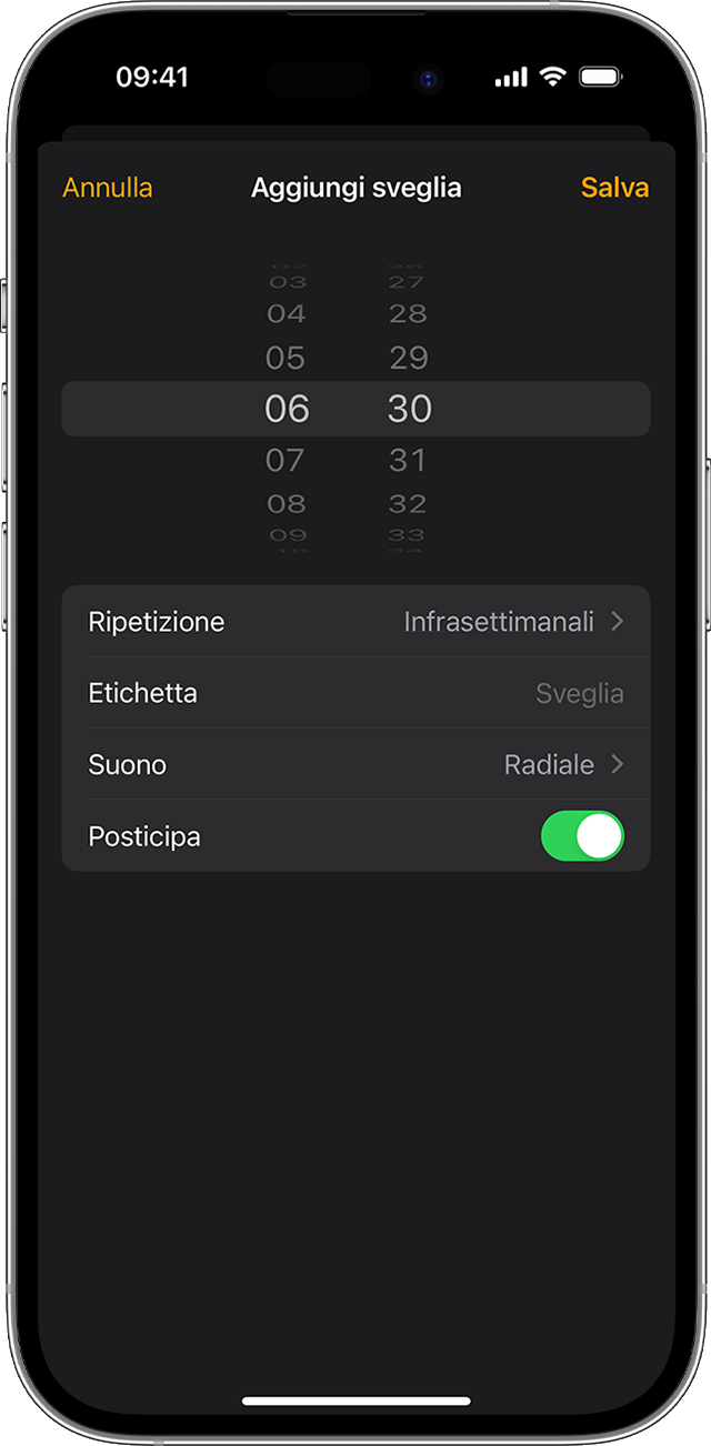 Imposta una sveglia su iPhone nell'app Orologio. 