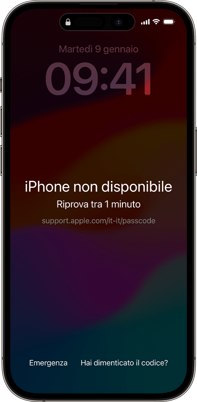 La schermata iPhone non disponibile in iOS 17 o versioni successive include l'opzione Hai dimenticato il codice?