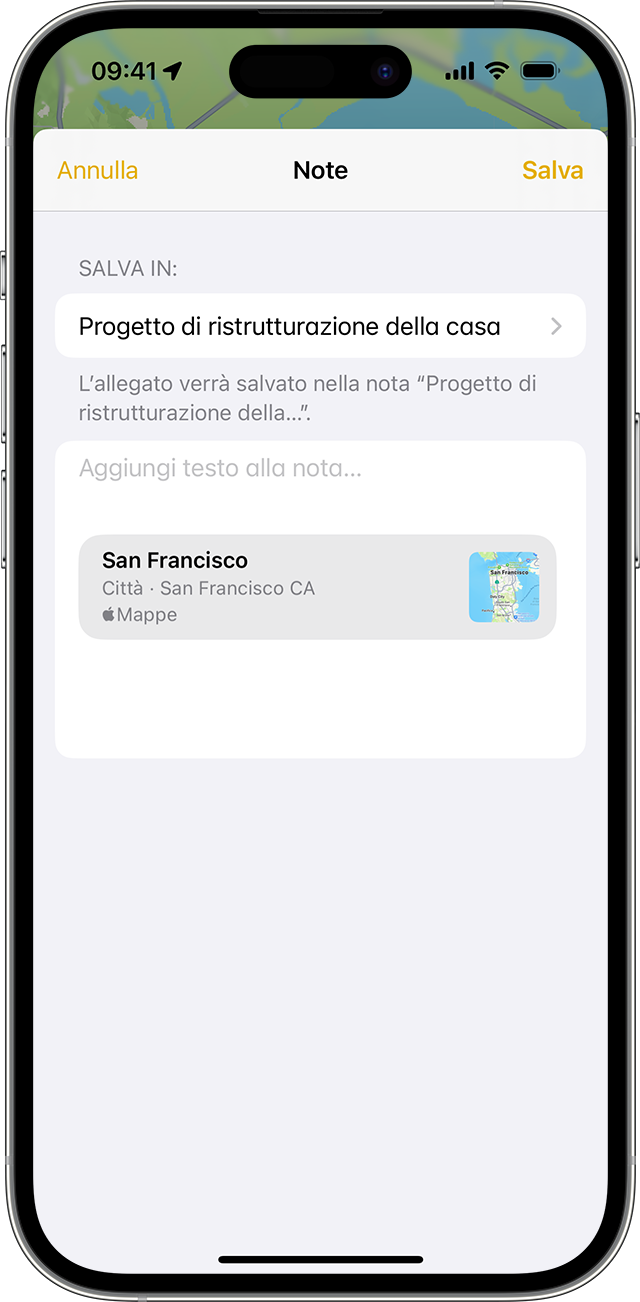 iPhone che mostra come aggiungere un allegato nell'app Note.