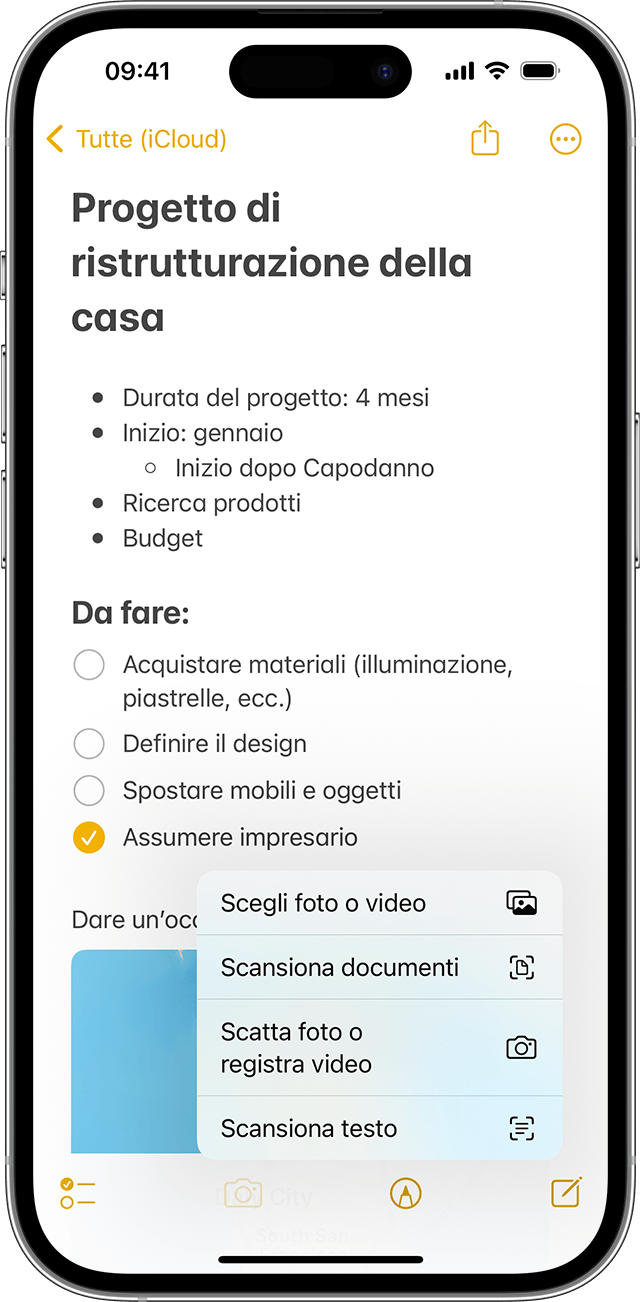 iPhone che mostra come aggiungere una foto o un video a una nota nell'app Note.