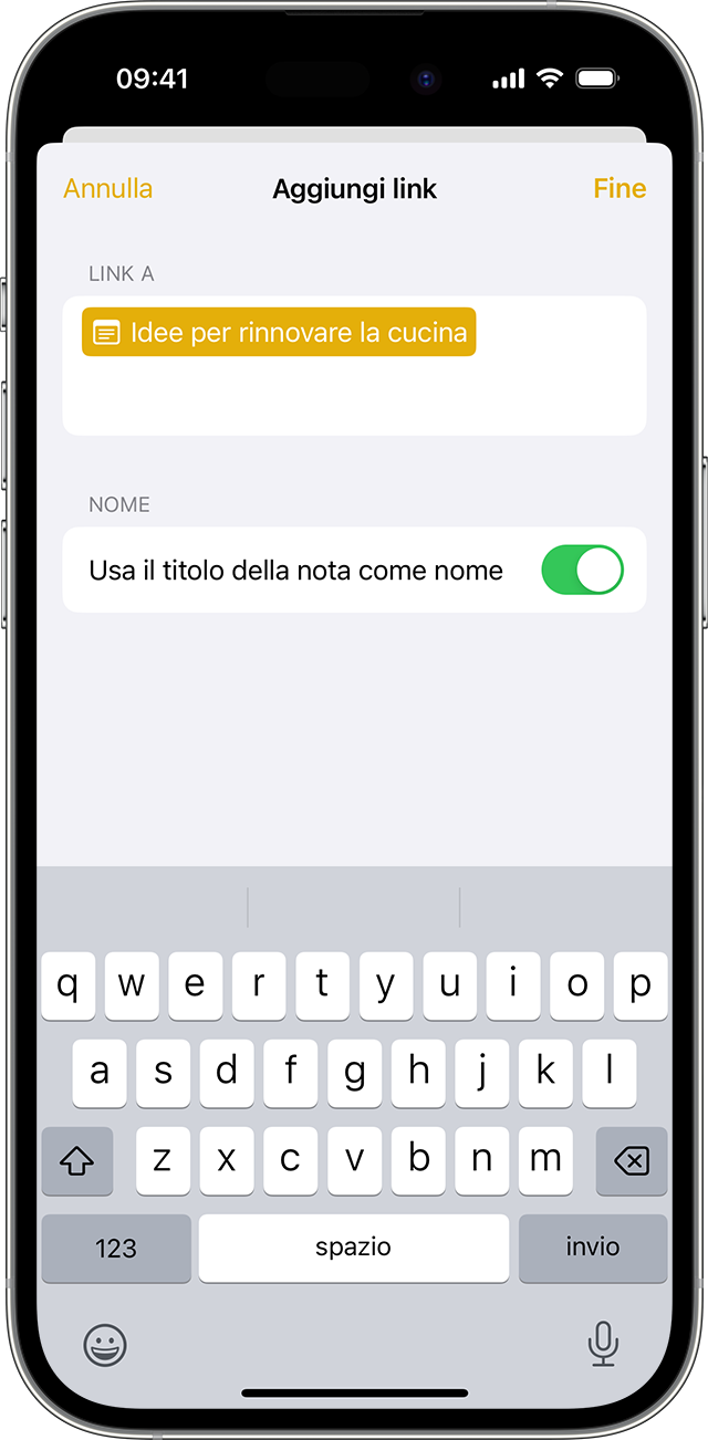 Le opzioni per aggiungere un link in Note sul tuo iPhone con iOS 17 o versioni successive.