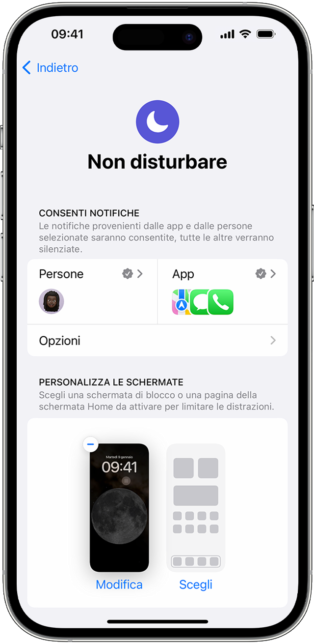 Nelle impostazioni per Non disturbare, puoi scegliere persone o app da cui ricevere notifiche quando l'impostazione Full immersion è attiva.