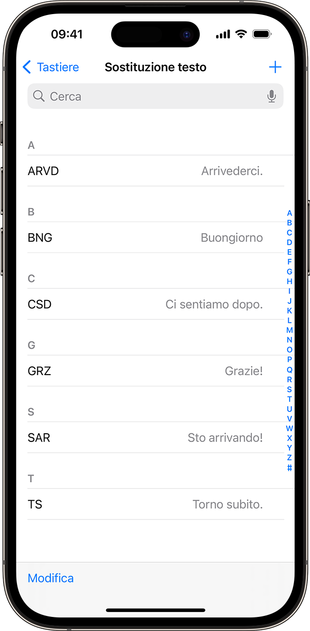 Un elenco di abbreviazioni di testo configurate per l'uso su iPhone.