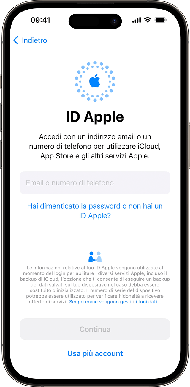 Usa il tuo indirizzo email o numero di telefono per accedere con il tuo ID Apple durante la procedura di configurazione dell'iPhone in iOS 17.