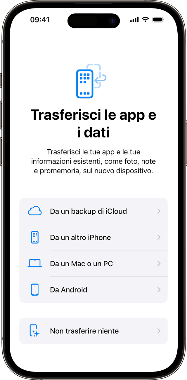 Opzioni Trasferisci i dati e le app quando configuri un iPhone in iOS 17