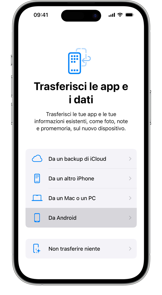 Durante la procedura di trasferimento, puoi scegliere quali app e informazioni desideri trasferire.