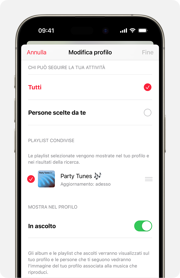 iPhone che mostra una playlist selezionata per essere visualizzata su un profilo nella schermata Modifica profilo dell'app Apple Music