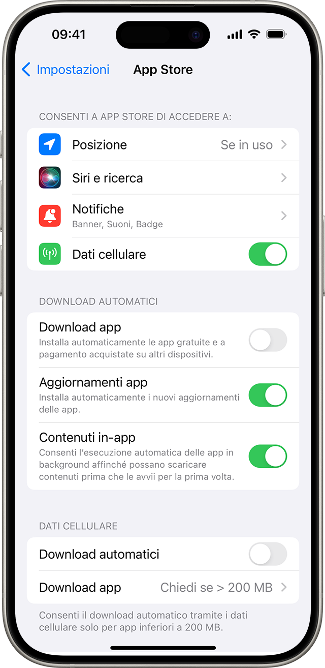 iPhone che mostra le opzioni dell'App Store in Impostazioni, incluso Aggiornamenti app.