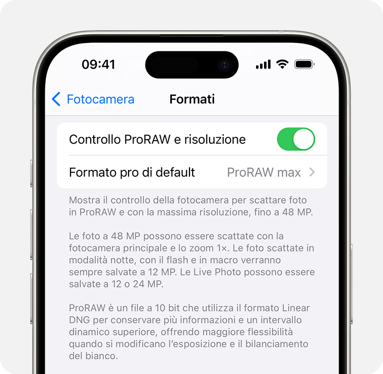 In iOS 17, puoi impostare la risoluzione ProRAW su 12 MP o 48 MP.