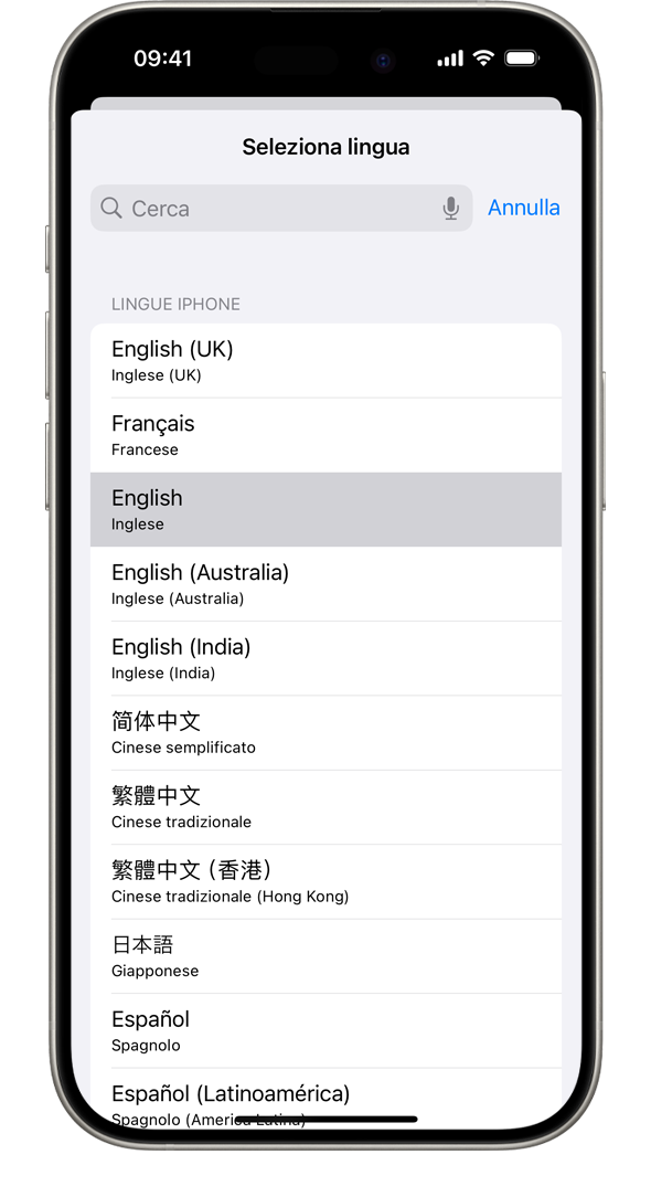 Un iPhone che mostra l'elenco delle lingue di sistema disponibili, con il francese evidenziato.