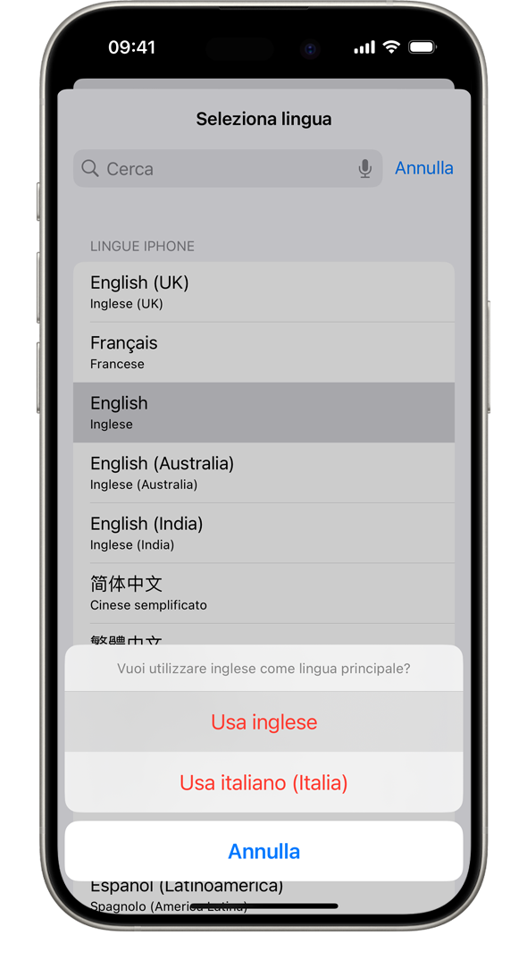 Un iPhone che mostra l'avviso con cui ti viene chiesto se vuoi utilizzare il francese come lingua principale. Le opzioni mostrate sono quelle per utilizzare il francese, per utilizzare l'inglese (USA) e per annullare.