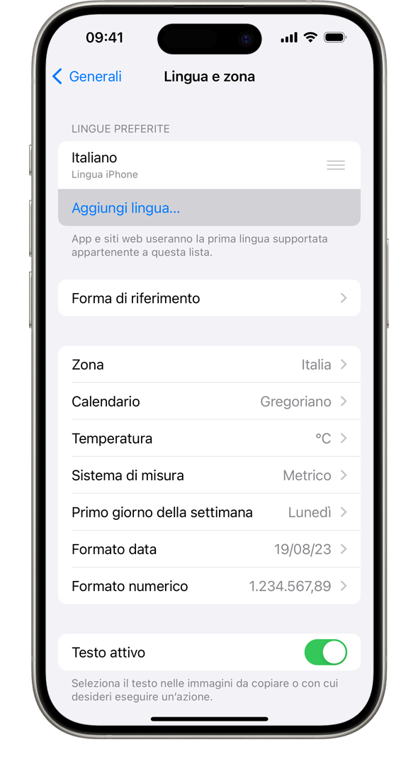 Un iPhone che mostra il menu Lingua e zona, con l'opzione Aggiungi lingua evidenziata.