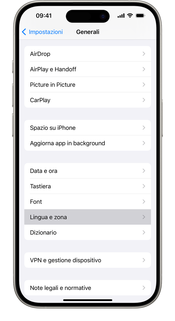 Un iPhone che mostra il menu Generali dell'app Impostazioni, con l'opzione Lingua e zona evidenziata.