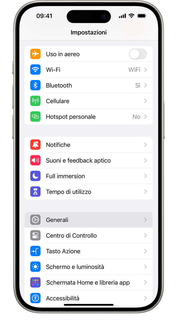 Un iPhone che mostra l'app Impostazioni con l'opzione Generali evidenziata, sotto Tempo di utilizzo.
