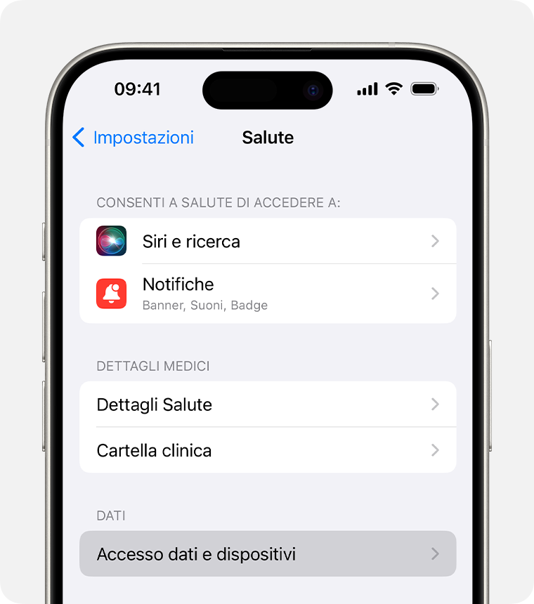 Nelle impostazioni di Salute su iPhone, puoi modificare impostazioni come l'accesso di Siri ai dati di Salute.