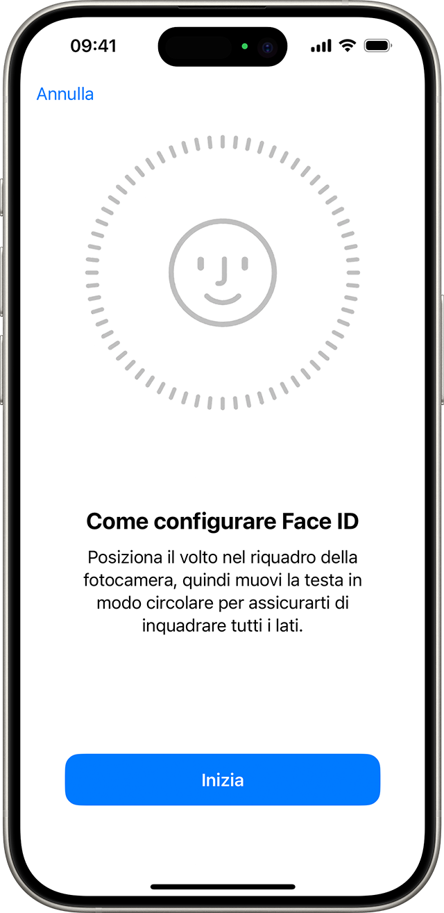 L'inizio del processo di configurazione di Face ID