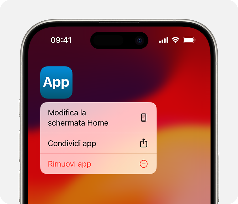 Schermata di un iPhone che mostra il menu visualizzato quando tocchi e tieni premuta un’app. Rimuovi app è la terza opzione del menu.