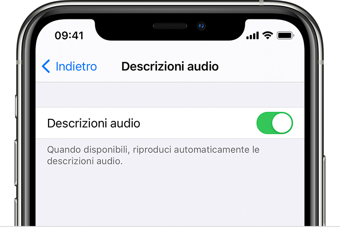 Il pulsante Descrizioni audio in Impostazioni su iPhone