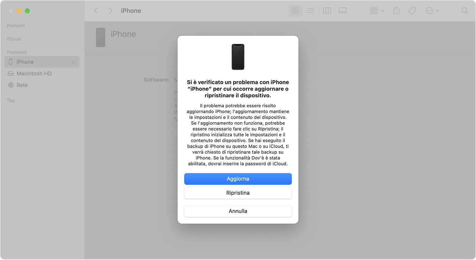 Una finestra del Finder su un Mac che mostra le opzioni per ripristinare o aggiornare l'iPhone