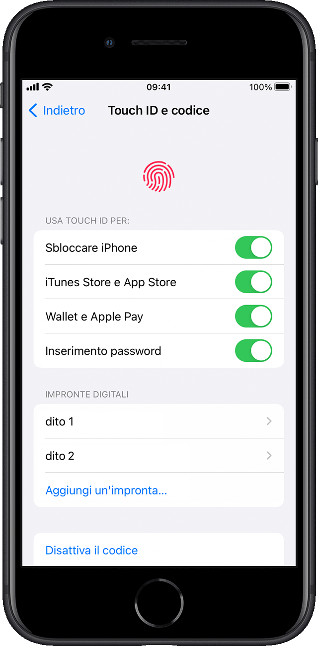 Impostazioni in iOS 15 su iPhone SE; Touch ID e codice