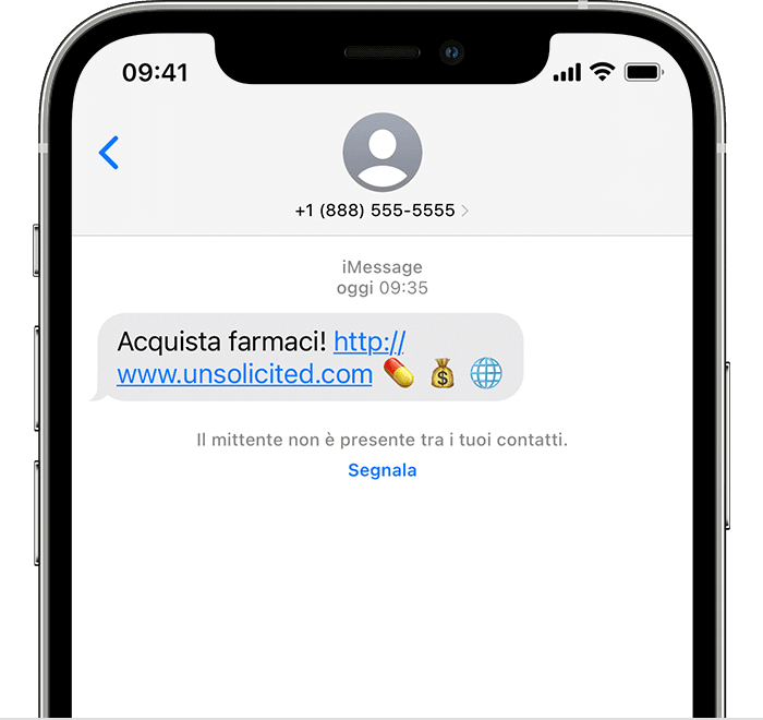 iPhone che mostra l'opzione per segnalare un iMessage come indesiderato