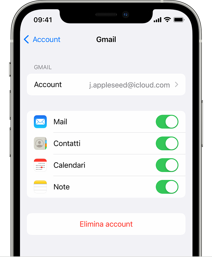 Un iPhone che mostra le impostazioni per un account Gmail connesso in Impostazioni > Mail > Account > Gmail.