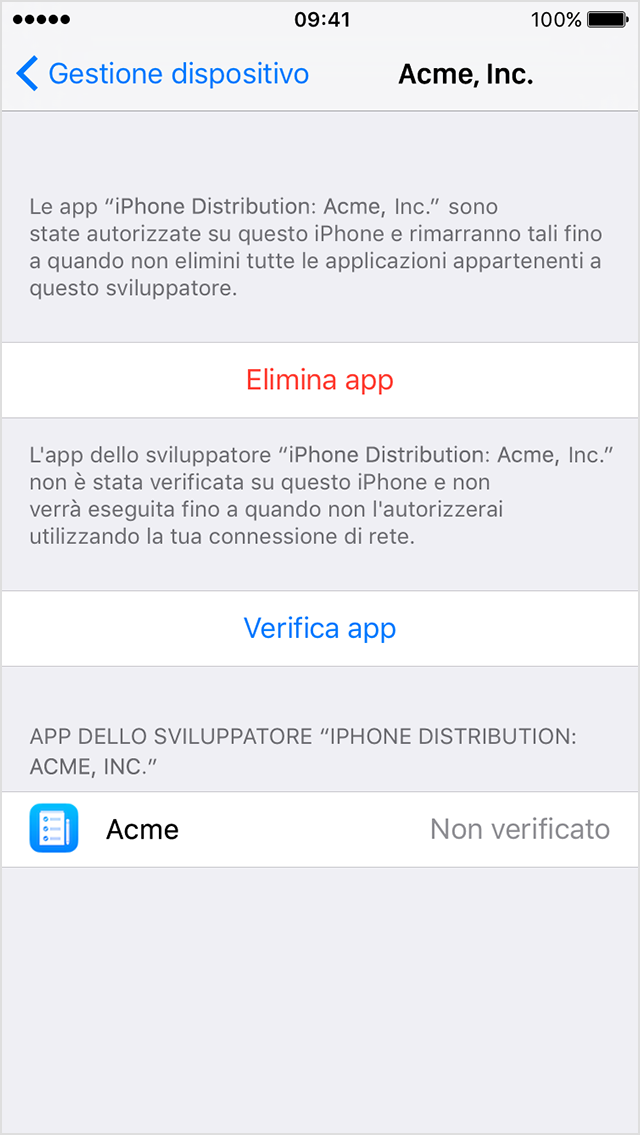  Schermo dell'iPhone che mostra un messaggio che invita a verificare che un'app aziendale sia attendibile