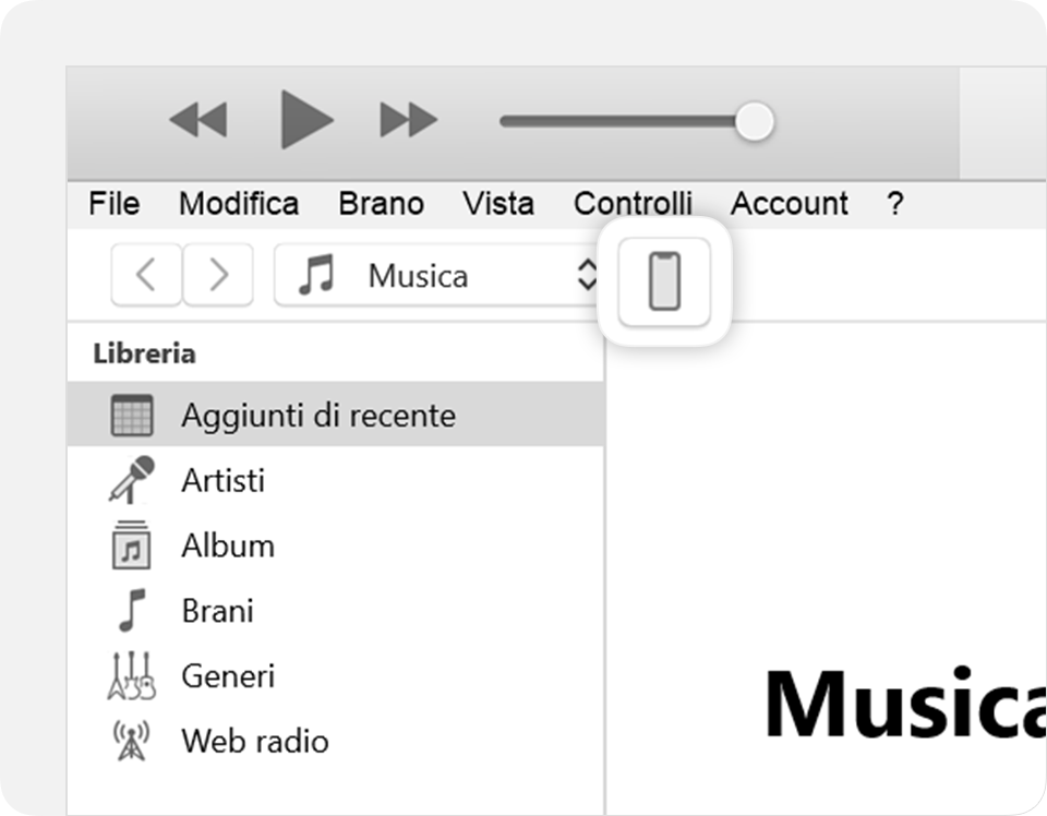 La finestra di iTunes che mostra un'icona del dispositivo connesso nell'angolo in alto a destra