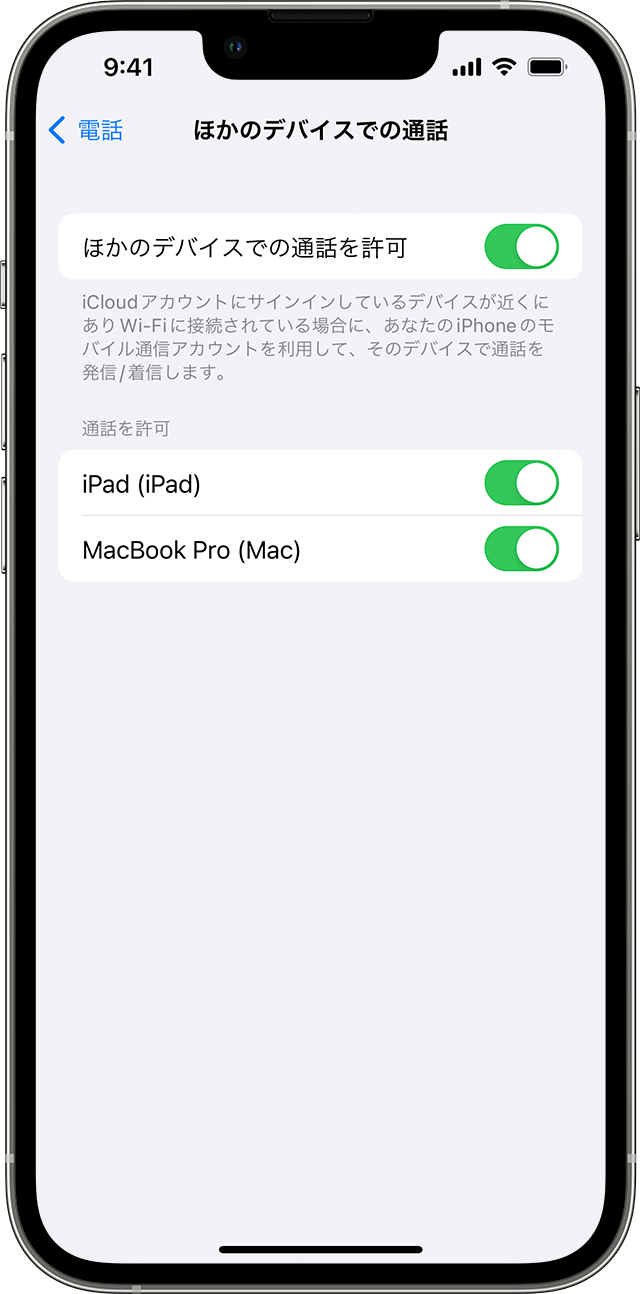 iPhone に「ほかのデバイスでの通話」画面が表示されているところ。「ほかのデバイスでの通話を許可」がオンになっていて、iPad と MacBook Pro での通話が許可されています。