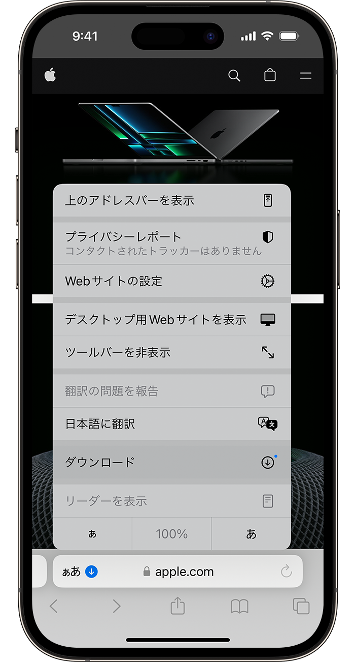 An iPhone showing the search field in Safari. There is a blue down arrow next to the Page Settings button. The Page Settings menu is open, and the Downloads button is selected.