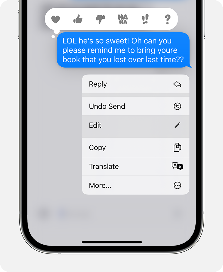 iOS 17 搭載の iPhone 14 Pro のメッセージアプリのチャットでメッセージを編集するところ