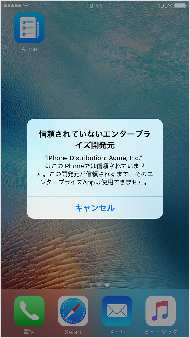 iPhone の画面に表示されている「信頼されていないエンタープライズデベロッパ」のメッセージ