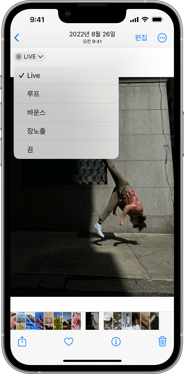 사진 앱에서 Live Photo 사진을 다른 효과로 전환하거나 일반 사진으로 전환할 수 있습니다.