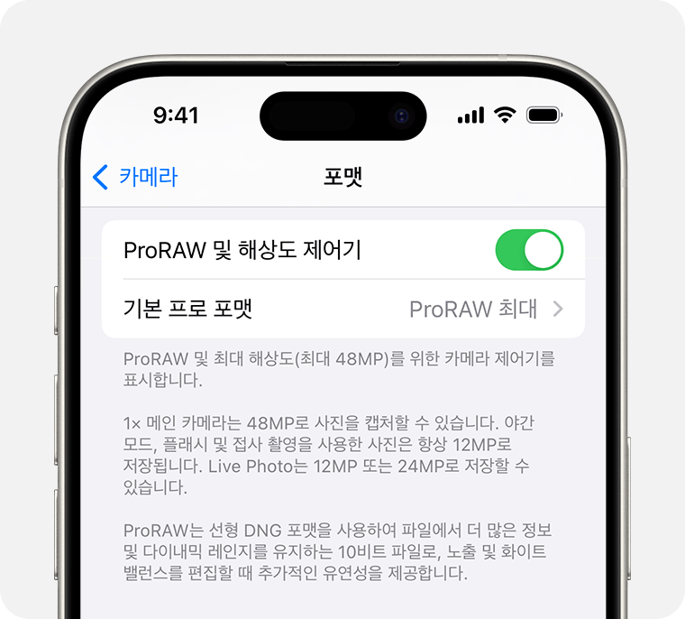 iOS 17에서 ProRAW 해상도를 12MP 또는 48MP로 설정할 수 있습니다.