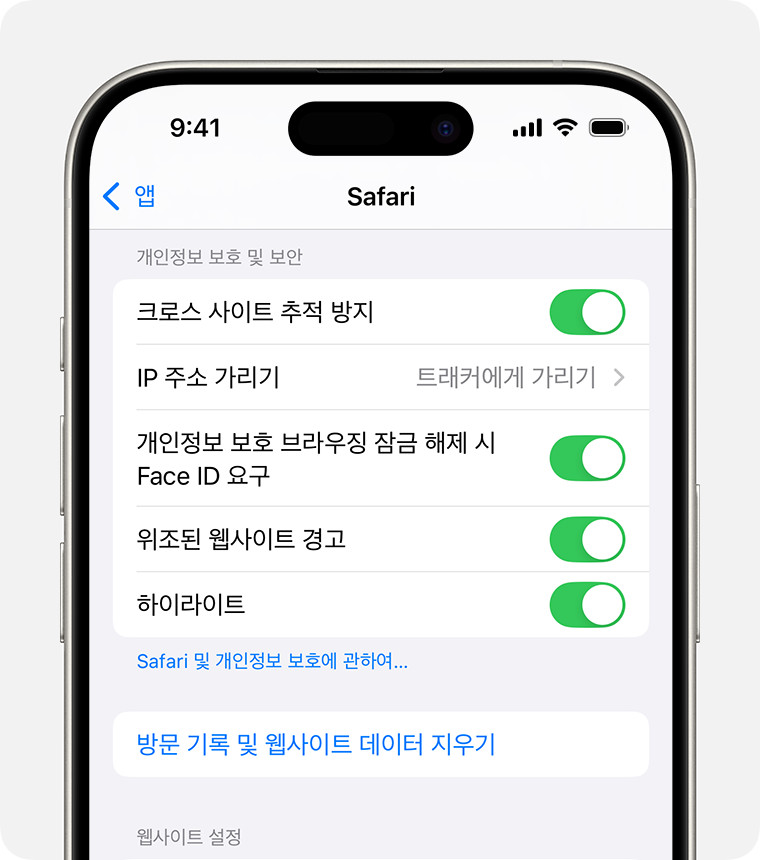 Safari 설정이 표시된 iPhone. 개인정보 보호 및 보안 섹션 하단에 '방문 기록 및 웹사이트 데이터 지우기' 버튼이 있음.