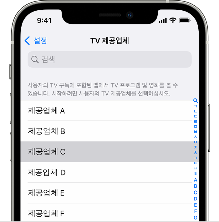 iOS 15이 설치된 iPhone 12 Pro의 설정, TV 제공업체 검색
