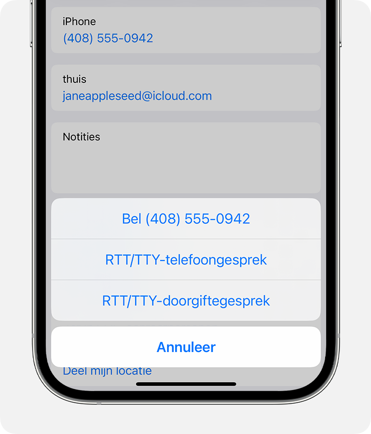 iPhone-scherm met het menu om 'RTT/TTY-telefoongesprek' of 'RTT/TTY-doorgiftegesprek' te selecteren